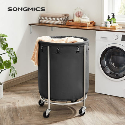 SONGMICS Laundry Basket with Wheels with Steel Frame and Removable Bag Black RLS001B01