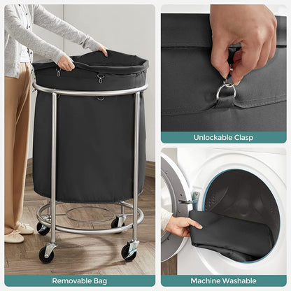 SONGMICS Laundry Basket with Wheels with Steel Frame and Removable Bag Black RLS001B01