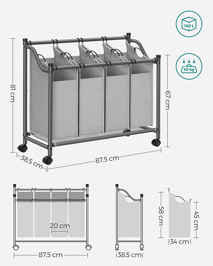 SONGMICS Laundry Basket with 4 Removable Laundry Bin on Wheels Gray LSF005GS