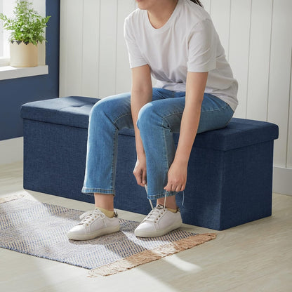 SONGMICS 110cm Foldable Bench with Storage Space and Metal Divider Grid Navy Blue