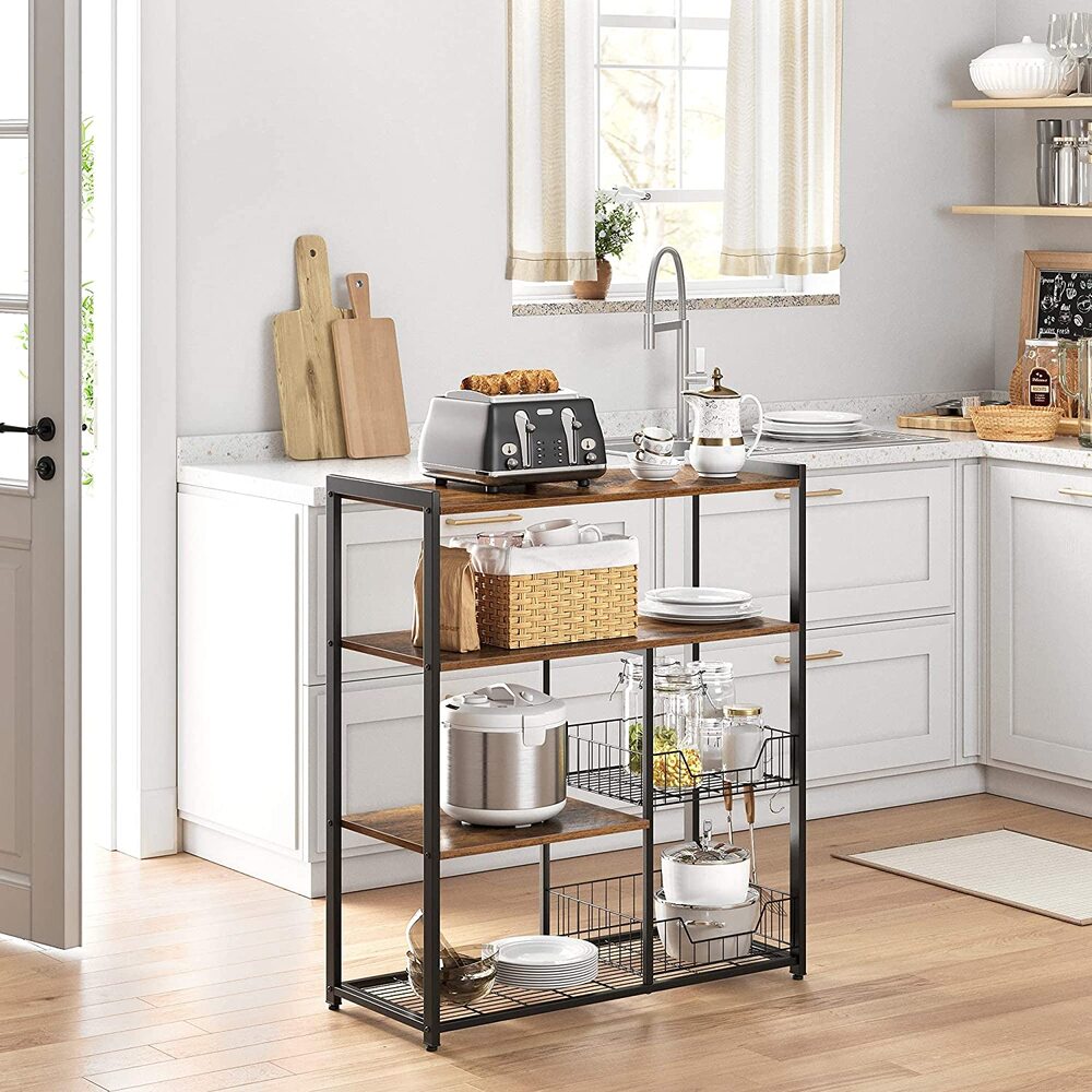 VASAGLE Baker's Rack Kitchen Island with 2 Metal Mesh Baskets Shelves and Hooks Industrial Style Rustic Brown