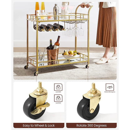 VASAGLE Gold Bar Serving Wine Cart With Wheels And Wine Bottle Holders