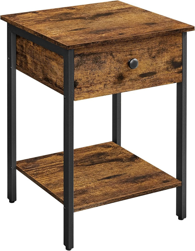 VASAGLE End Table with Drawer and Shelf Rustic Brown and Black