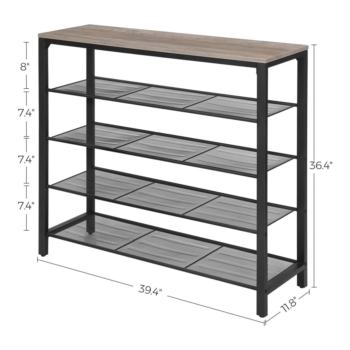 VASAGLE INDESTIC Shoe Rack Organizer with 4 Mesh Shelves Industrial Greige and Black