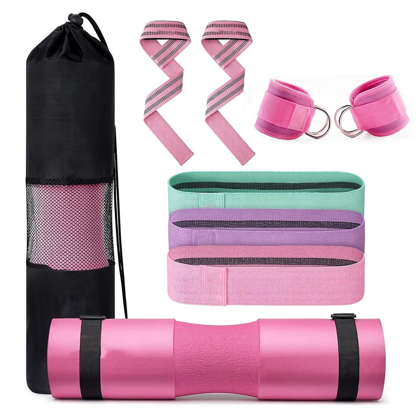 VERPEAK Barbell Squat Pad set,2 Safety Straps, 3 Hip Resistance Bands, 2 Lifting Strap, Barbell Pad and Bag (Pink)VP-BSPS-101-MD