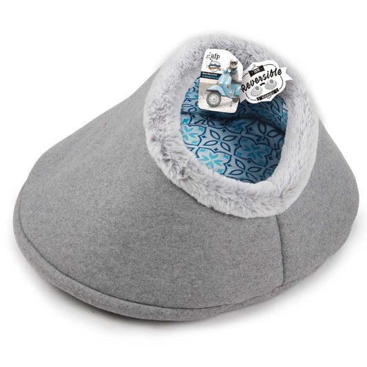 Igloo Cat Bed Reversible Cave - Grey Retro Vintage Faux Felt Fabric - AFP