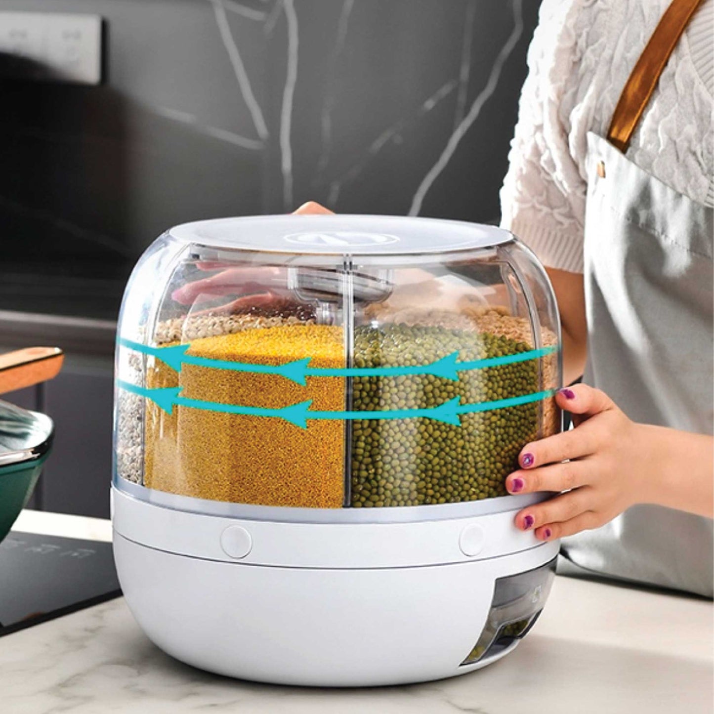 6 Grid Rotating Food Grain Dispenser 3Kg - Compartment Storage Container