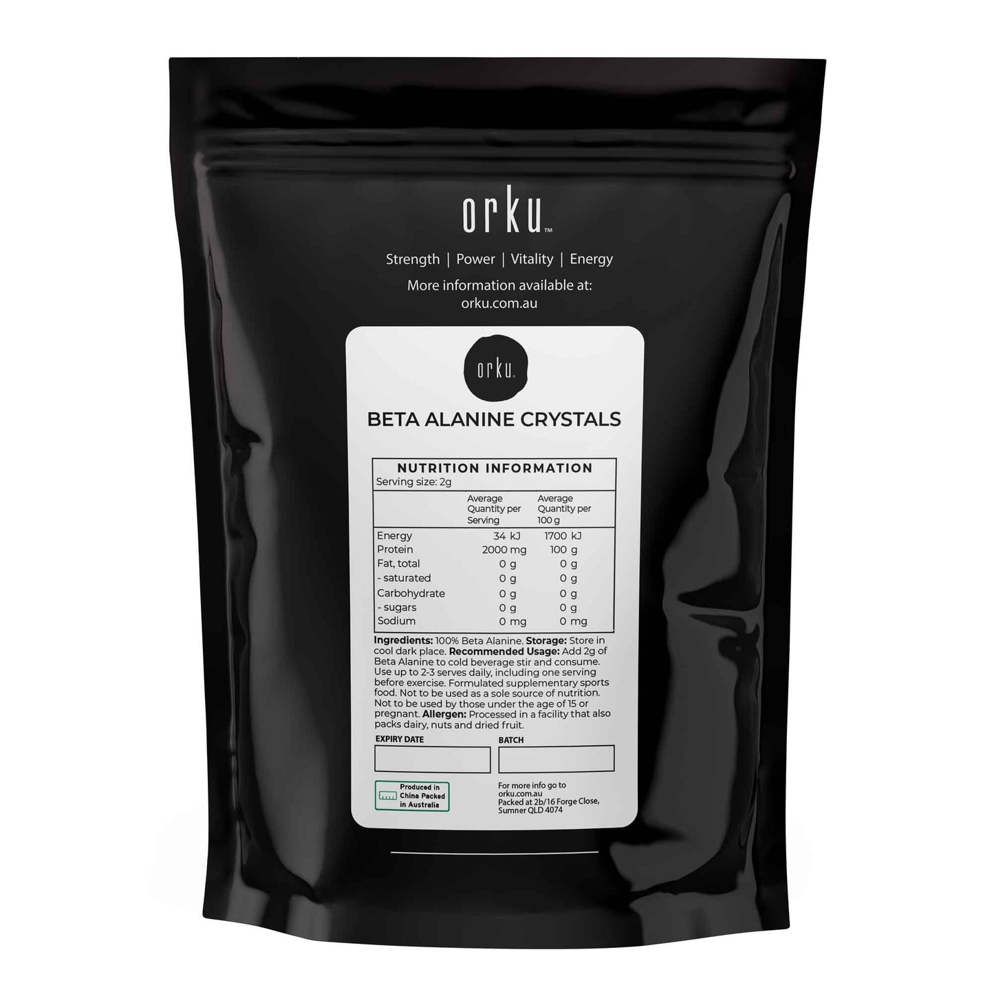 Orku 2Kg Beta Alanine Crystals - Pre Workout Lactic Acid Buffer Supplement