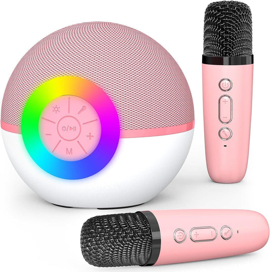 Mini Karaoke Machine and 2x Wireless Microphones Portable Bluetooth Speaker Pink