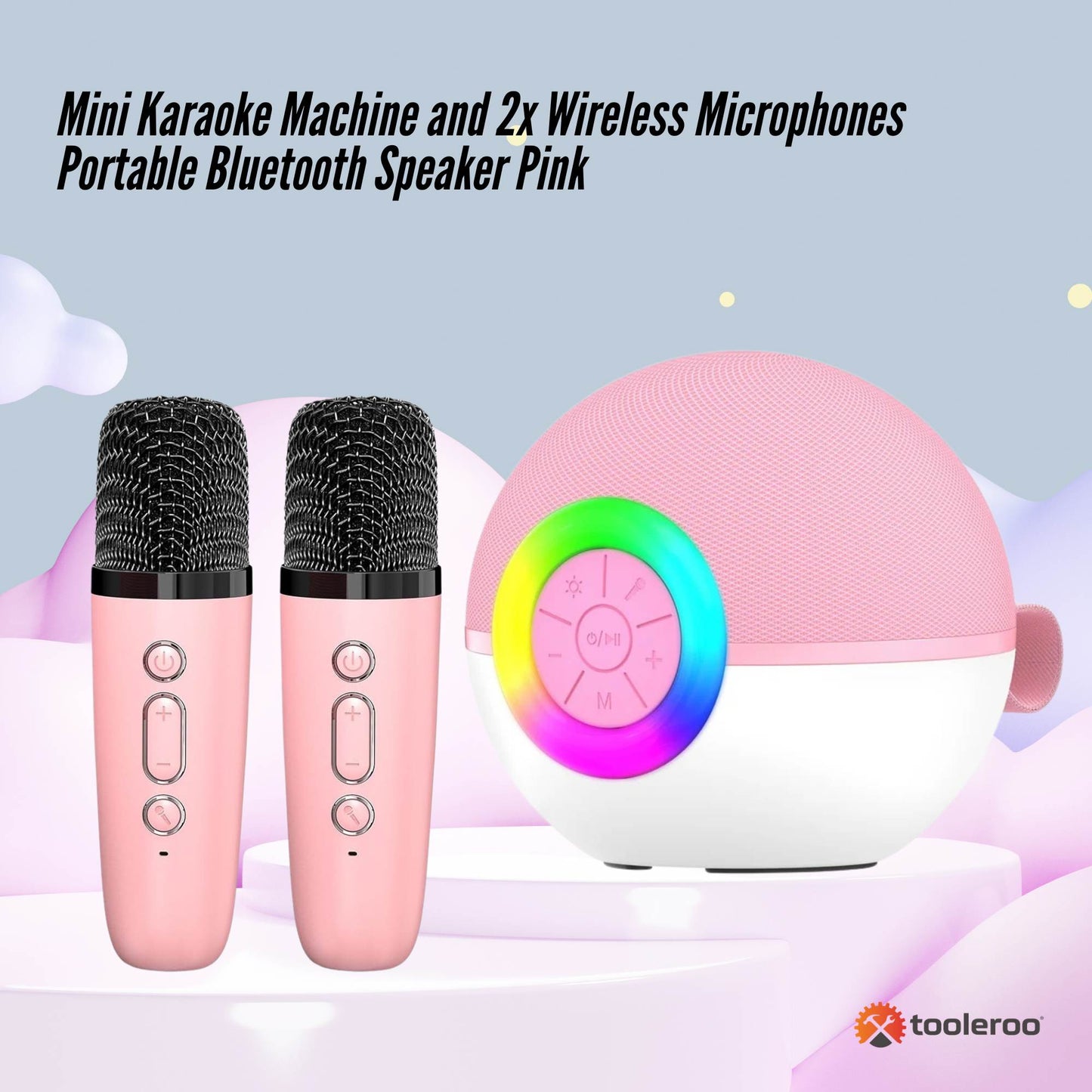 Mini Karaoke Machine and 2x Wireless Microphones Portable Bluetooth Speaker Pink