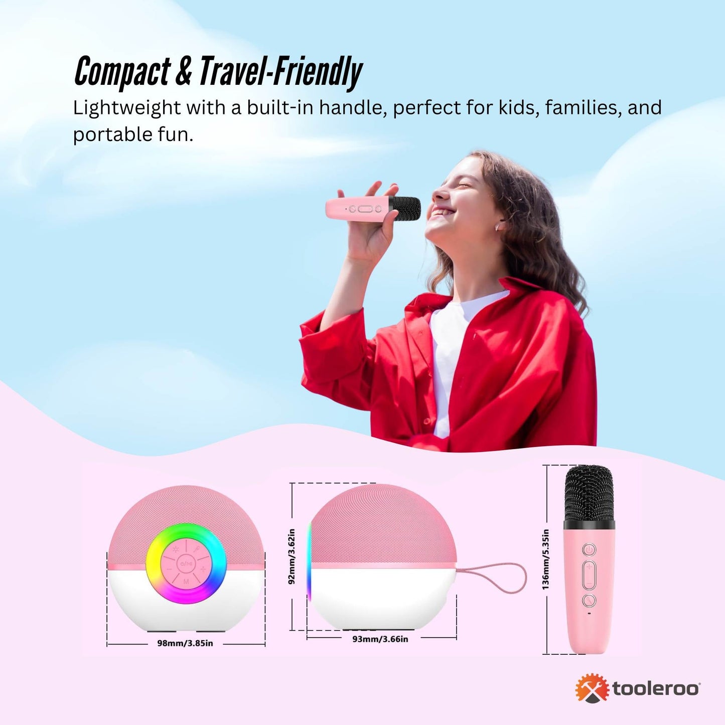 Mini Karaoke Machine and 2x Wireless Microphones Portable Bluetooth Speaker Pink