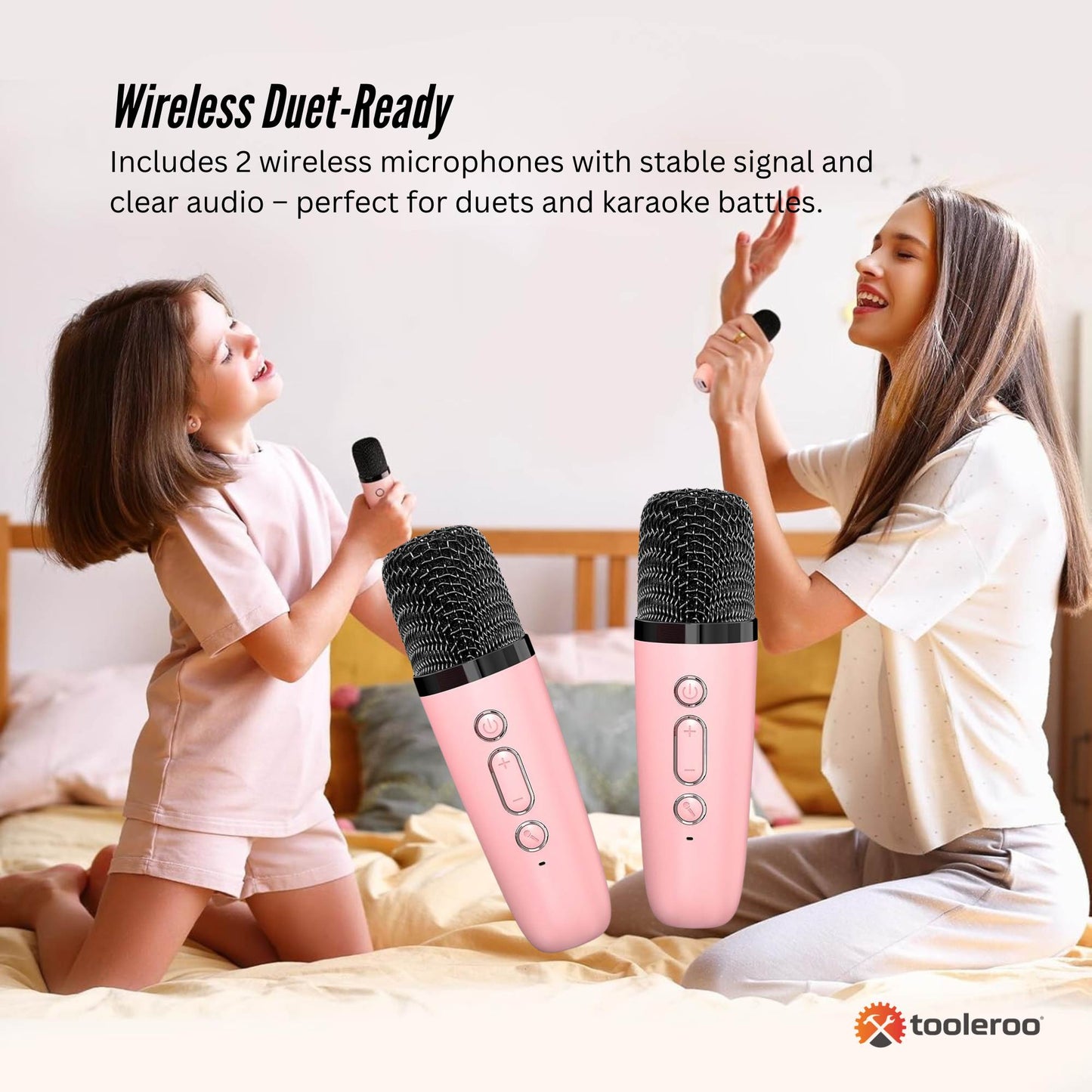 Mini Karaoke Machine and 2x Wireless Microphones Portable Bluetooth Speaker Pink