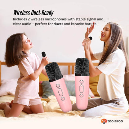 Mini Karaoke Machine and 2x Wireless Microphones Portable Bluetooth Speaker Pink