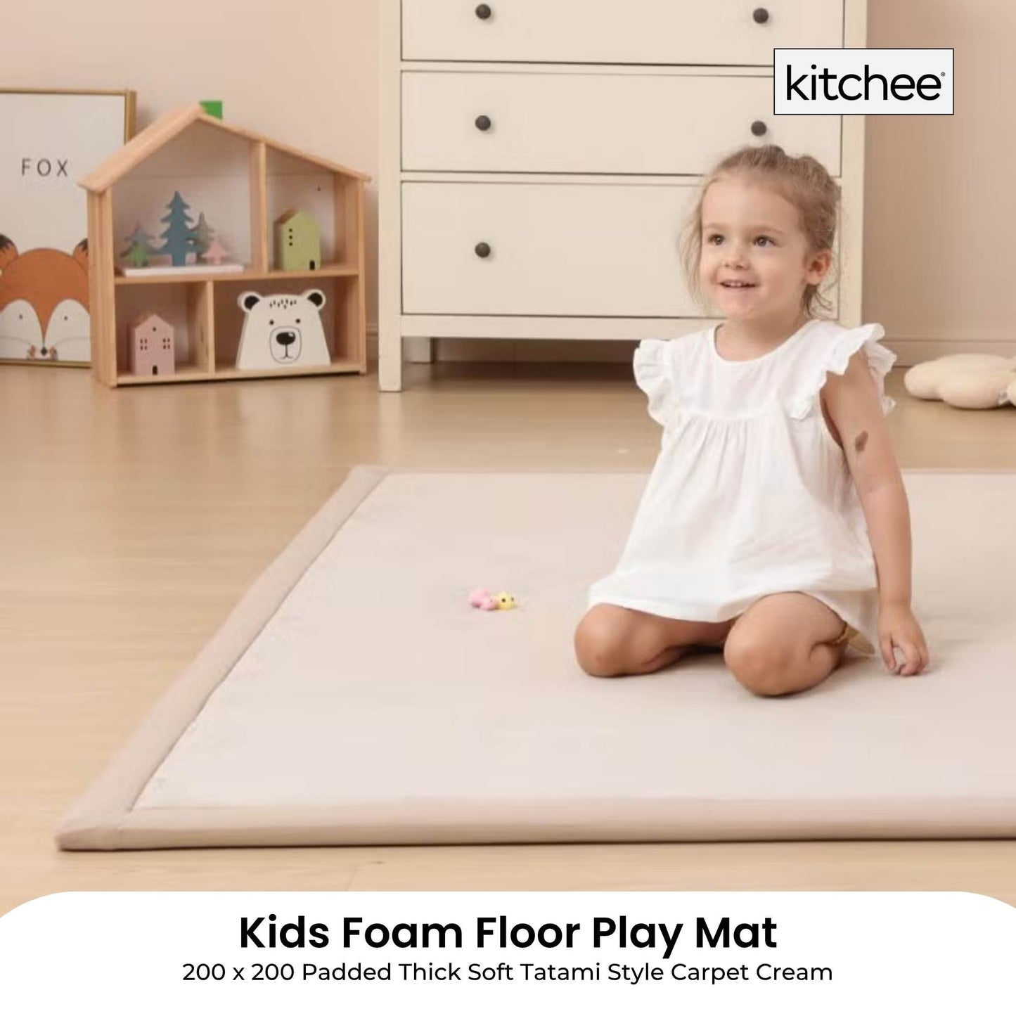 Kitchee Kids Foam Floor Play Mat 200x200cm – Padded Thick Soft Tatami Style Cream
