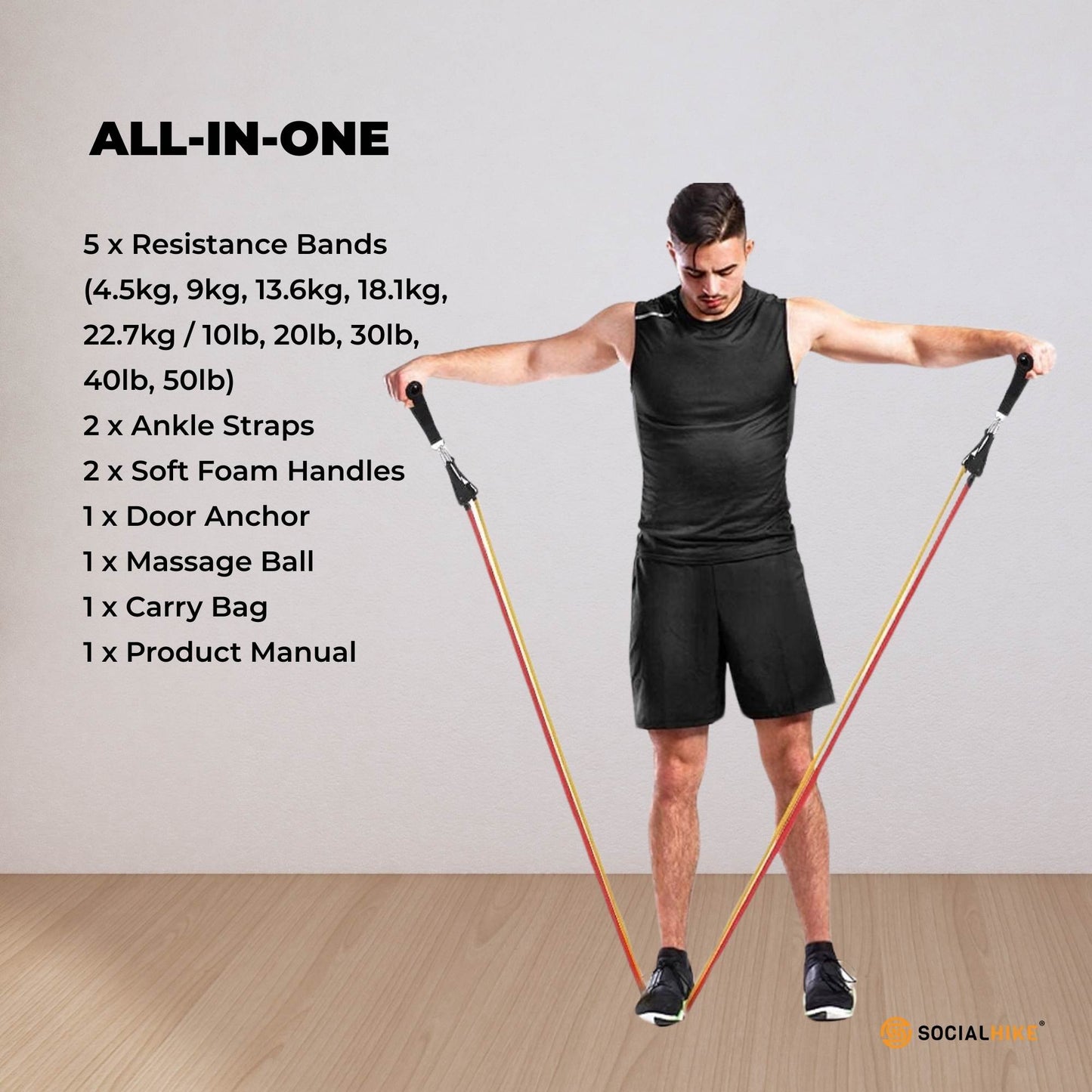 Social Hike Resistance Band Set with Handles - 11pcs Home Workout Kit 4.5-68kg