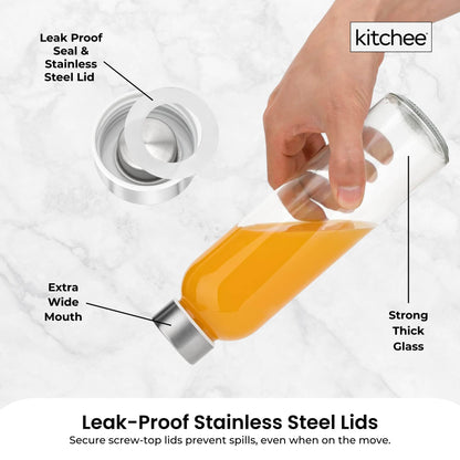 Kitchee 500ml Glass Water Bottle with Stainless Steel Lid - Set of 6 Drink Bottles