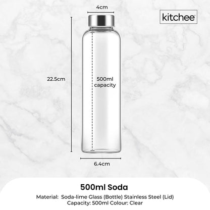 Kitchee 500ml Glass Water Bottle with Stainless Steel Lid - Set of 6 Drink Bottles