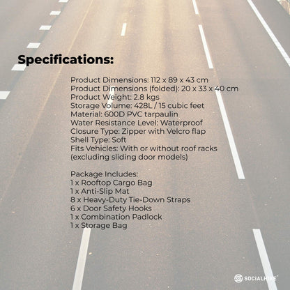 Social Hike 428L Car Rooftop Storage Carrier - Soft-Shell Waterproof Roof Bag