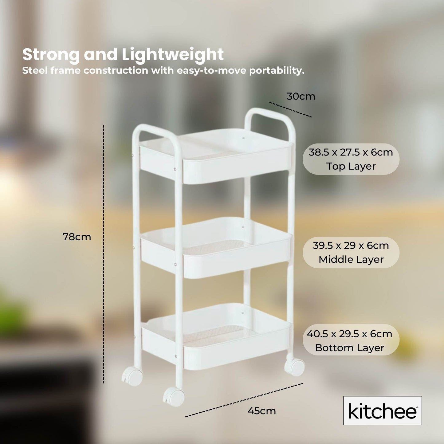 Kitchee 3-Tier Kitchen Storage Cart Trolley with Wheels - Shelf Organiser WHITE
