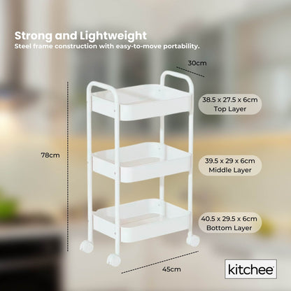 Kitchee 3-Tier Kitchen Storage Cart Trolley with Wheels - Shelf Organiser WHITE