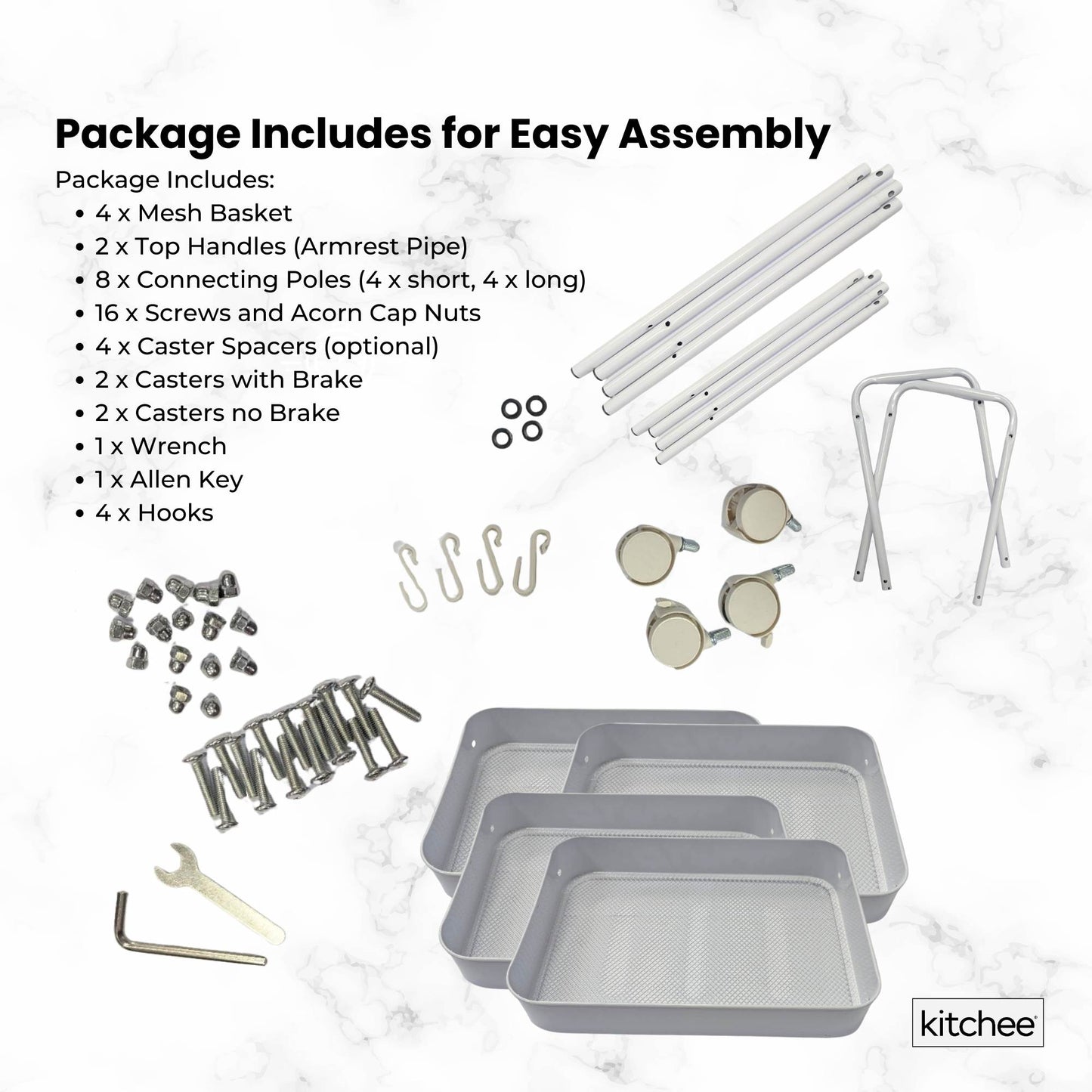 Kitchee 4-Tier Kitchen Storage Cart Trolley with Wheels - Shelf Organiser WHITE