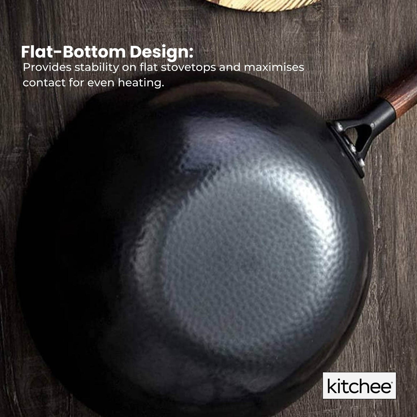 Kitchee 32cm Carbon Steel Wok Set Flat Bottom with Wood Lid + Spatula - Induction Ready