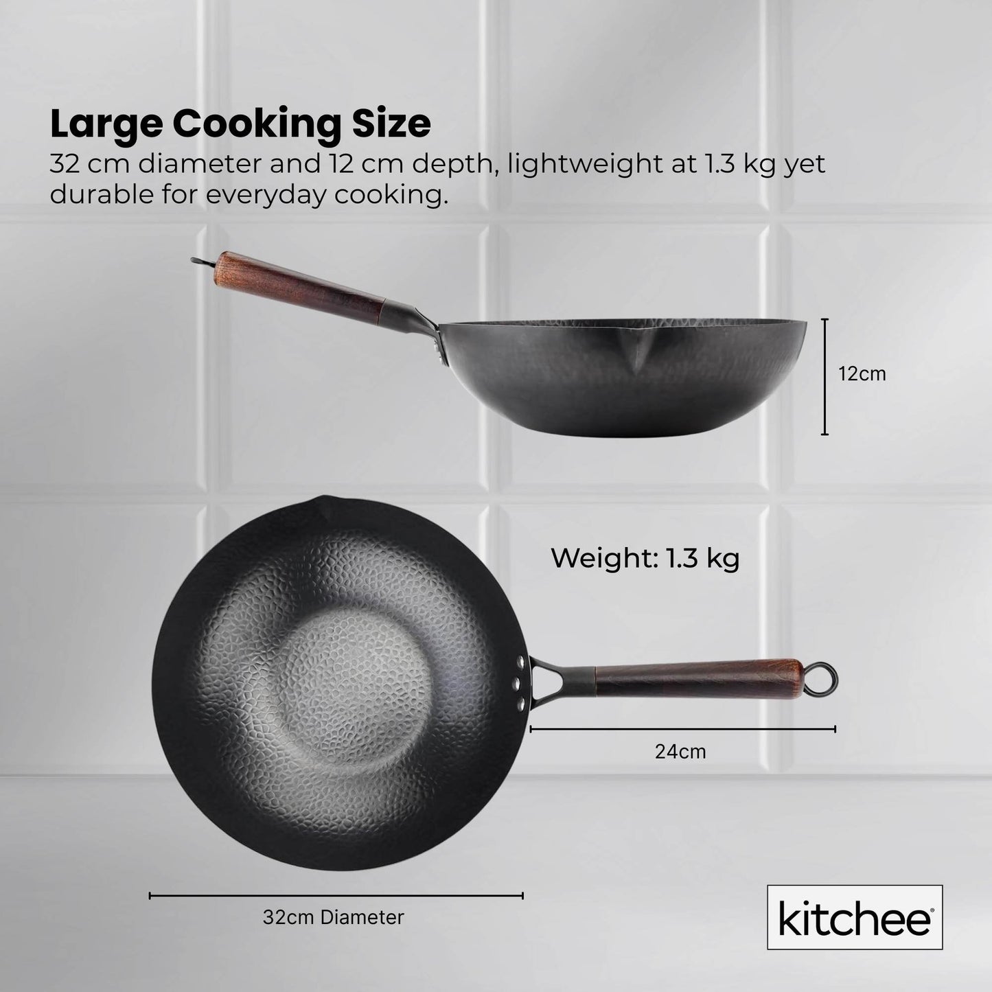 Kitchee 32cm Carbon Steel Wok Set Flat Bottom with Wood Lid + Spatula - Induction Ready