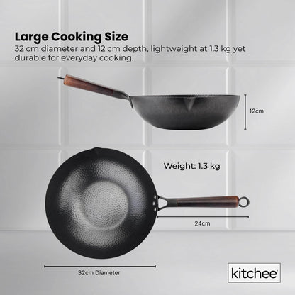 Kitchee 32cm Carbon Steel Wok Set Flat Bottom with Wood Lid + Spatula - Induction Ready