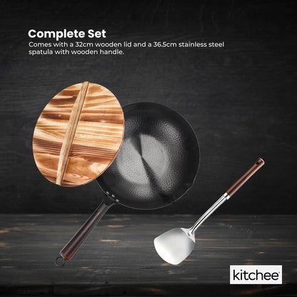 Kitchee 32cm Carbon Steel Wok Set Flat Bottom with Wood Lid + Spatula - Induction Ready