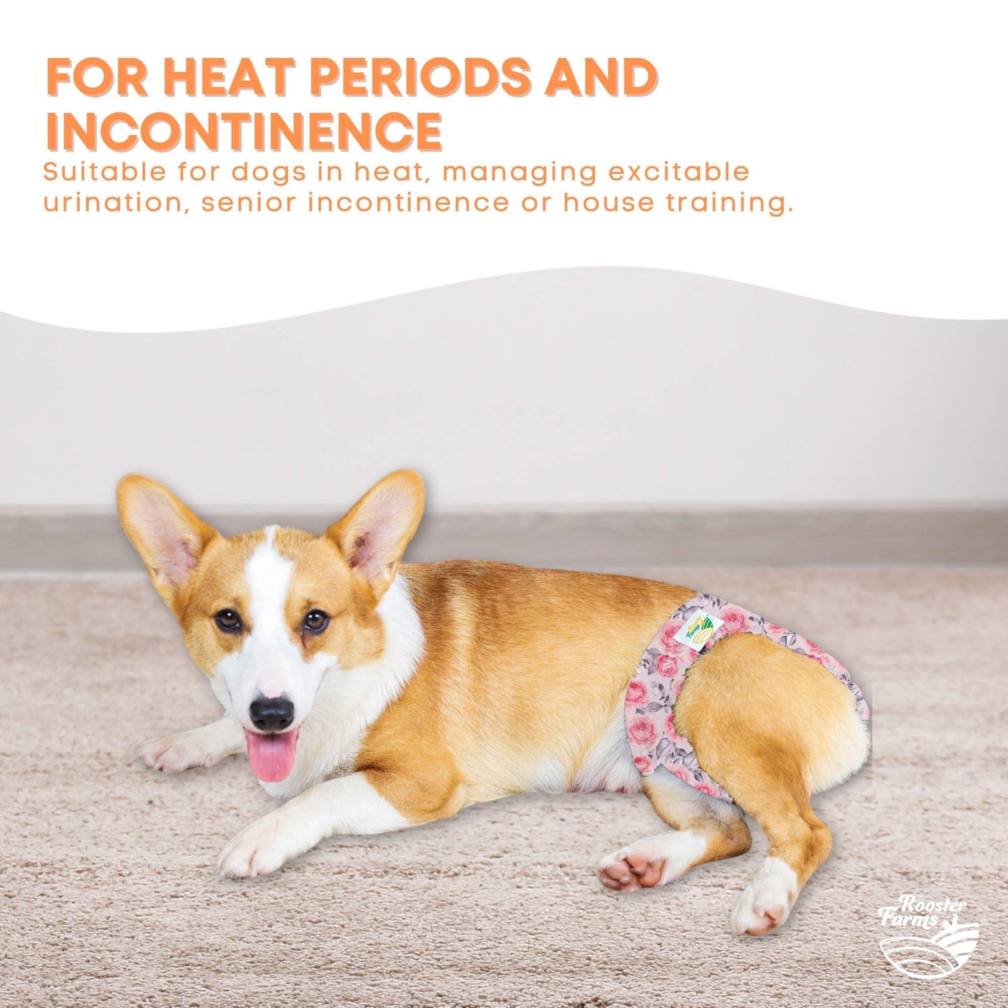 Rooster Farms Female Dog Diapers XSmall 3Pk - Washable Reusable Nappy Hook/Loop