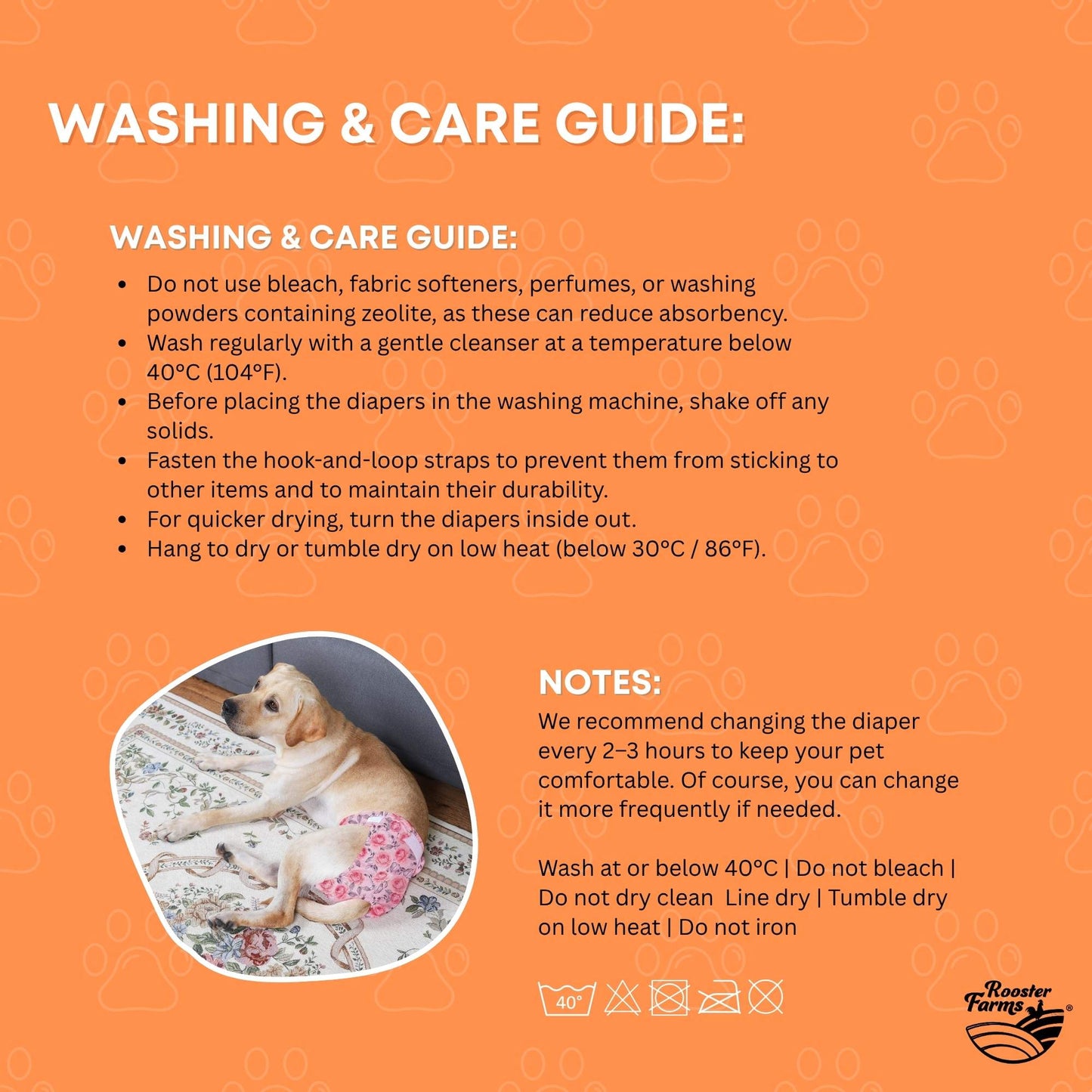 Rooster Farms Female Dog Diapers XSmall 3Pk - Washable Reusable Nappy Hook/Loop