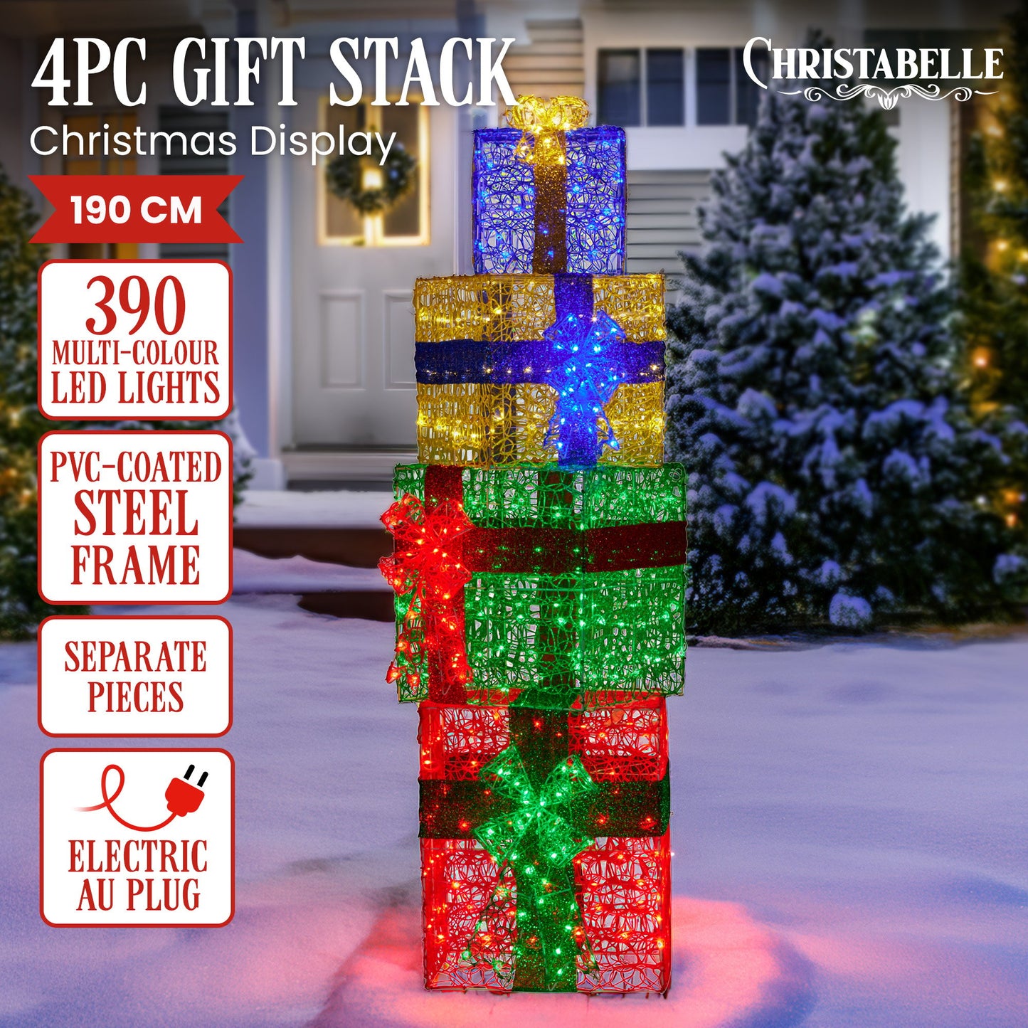 Christabelle 190cm 4-piece Gift Stack Box Christmas Decor Bows Led Lights Xmas