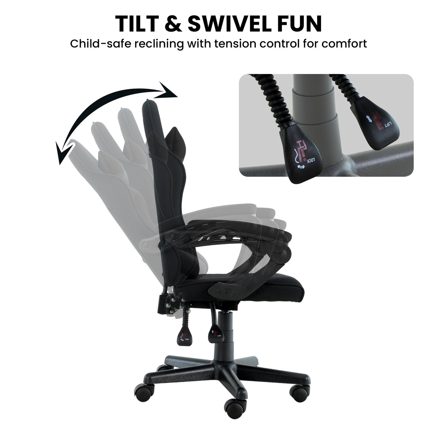 Sarantino Antre Kids Study Gaming Chair Black Adjustable Computer Desk Seat Racing Inspired-look With Adjustable Height, Ergonomic Back Support, Padded Armrests