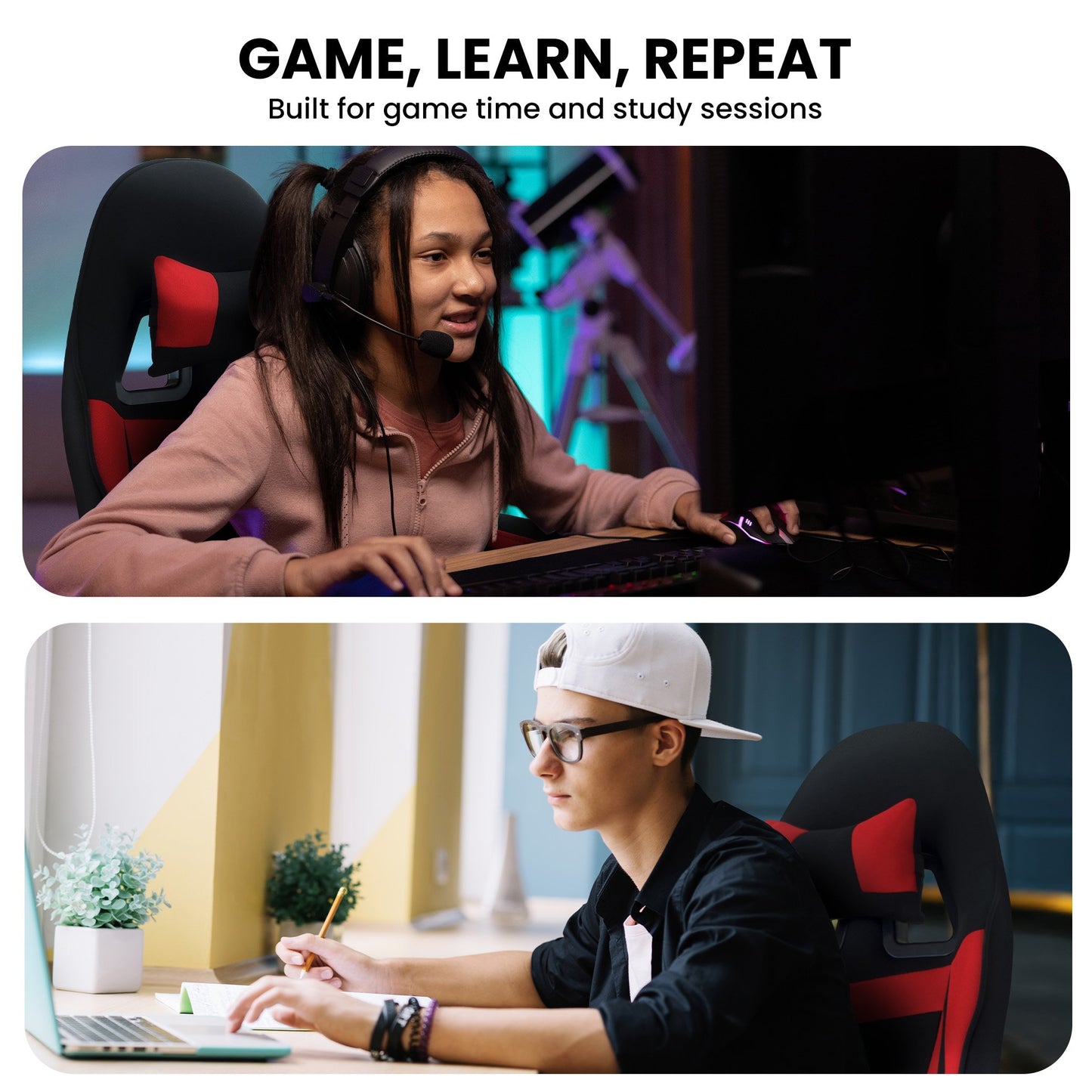 Sarantino Antre Kids Study Gaming Chair Black Red Computer Desk Seat Adjustable Height, Ergonomic Back Support, Padded Armrests