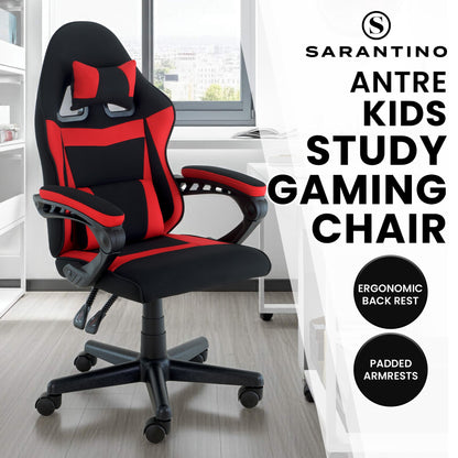 Sarantino Antre Kids Study Gaming Chair Black Red Computer Desk Seat Adjustable Height, Ergonomic Back Support, Padded Armrests