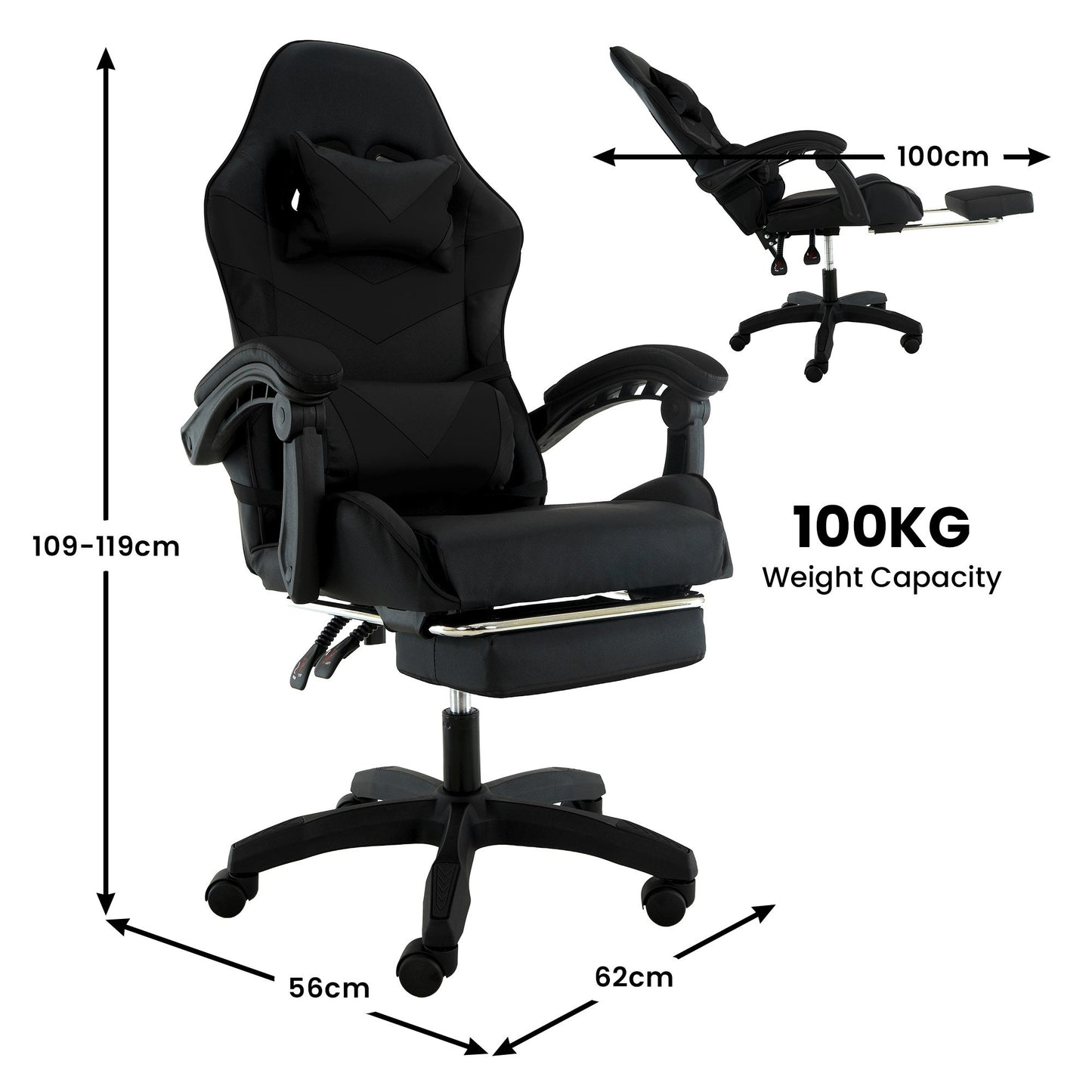Sarantino Cueva Reclining High Back Office Gaming Chair Black Retractable Footrest Computer Seat