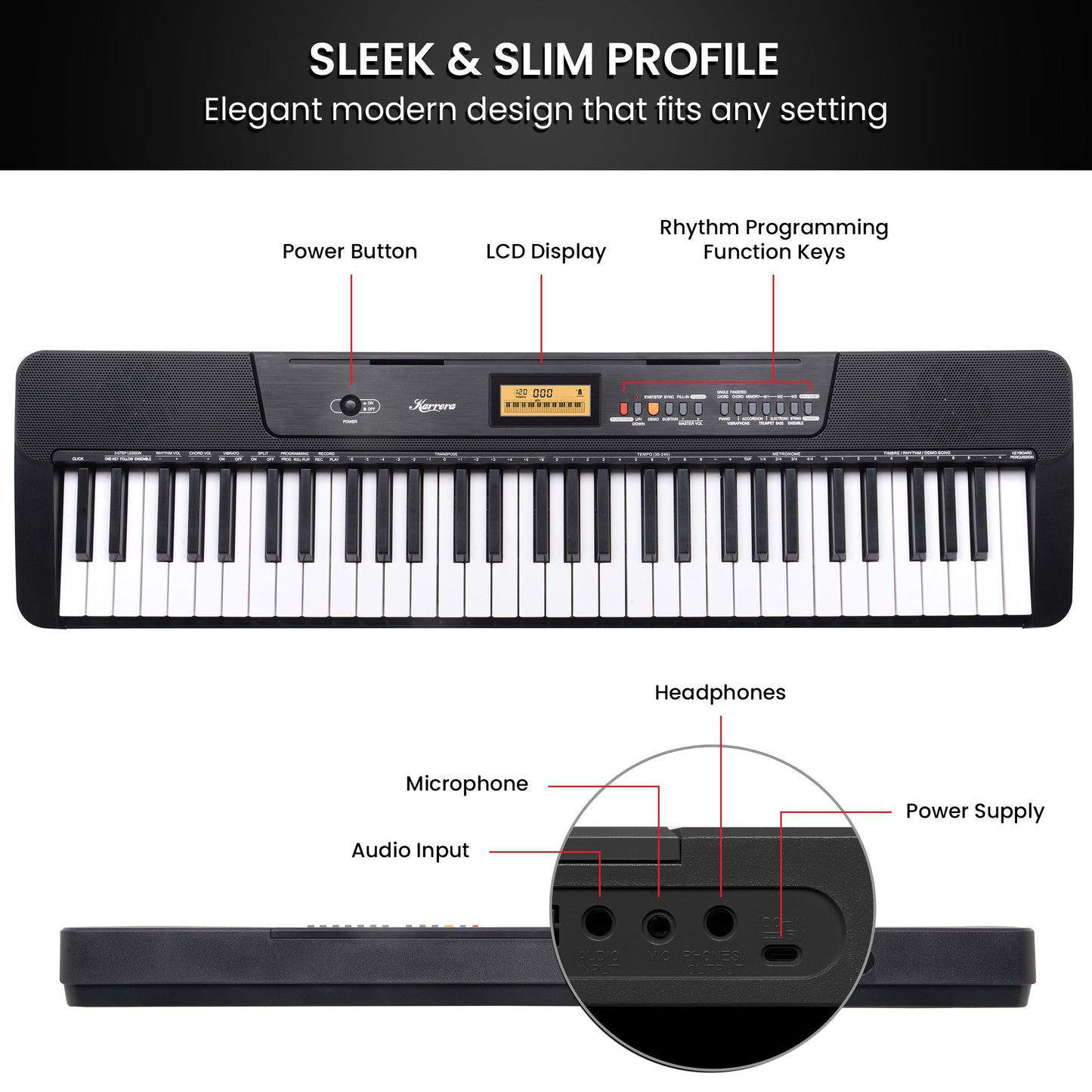 Karrera 61-Key Electronic Keyboard with LCD and Touch Response in Black CHJ-291