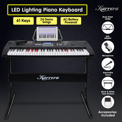 Karrera 61 Keys Electronic LED Keyboard Piano with Stand - Black