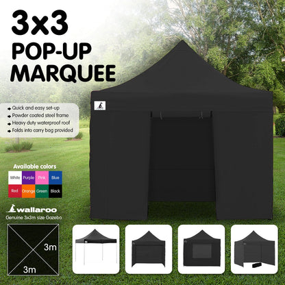 Wallaroo Gazebo Tent Marquee 3x3 PopUp Outdoor Black