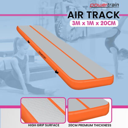 Powertrain Airtrack 20cm Thick 3m x 1m Inflatable Gymnastics Tumbling Mat Air Track - Orange