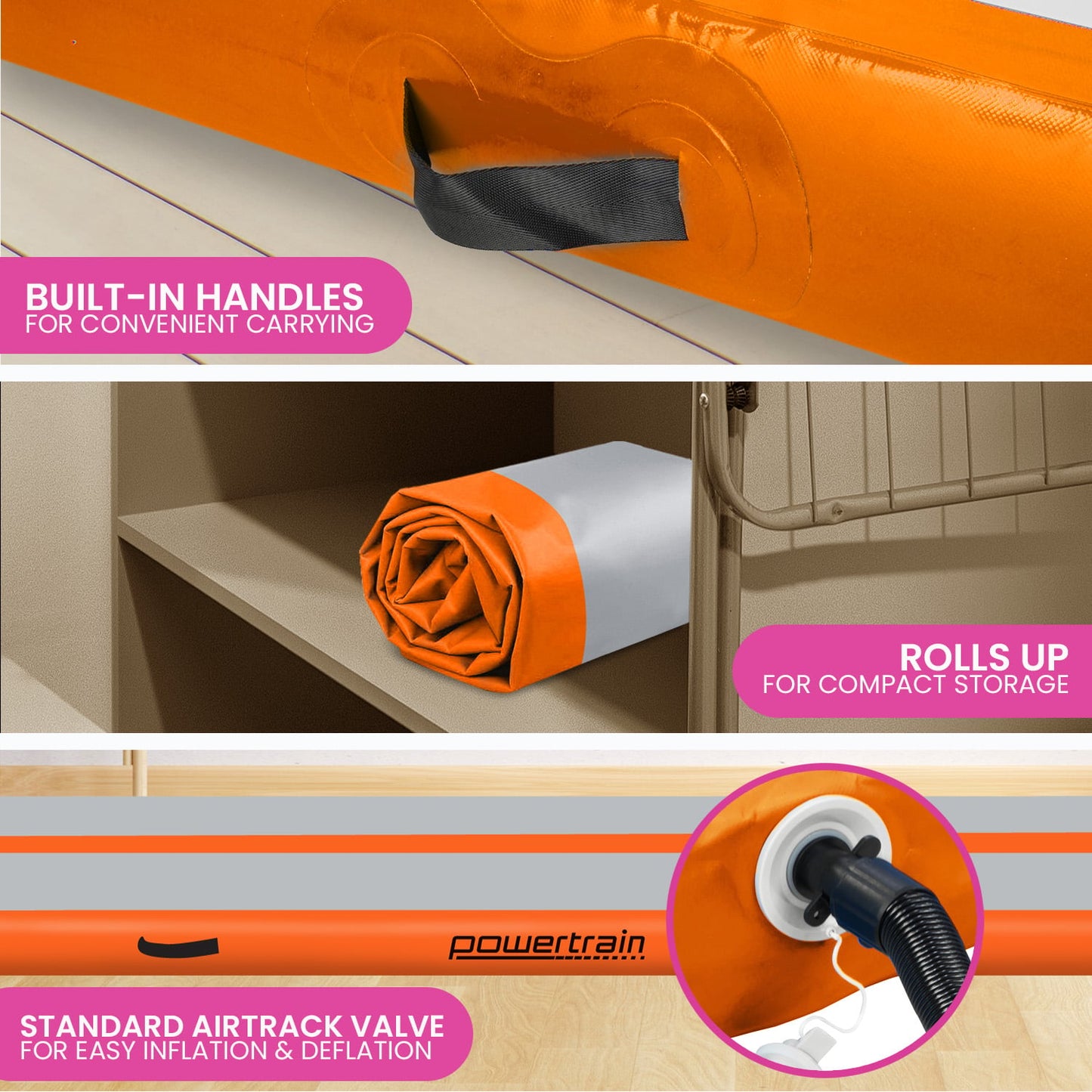 Powertrain Airtrack 20cm Thick 3m x 1m Inflatable Gymnastics Tumbling Mat Air Track - Orange