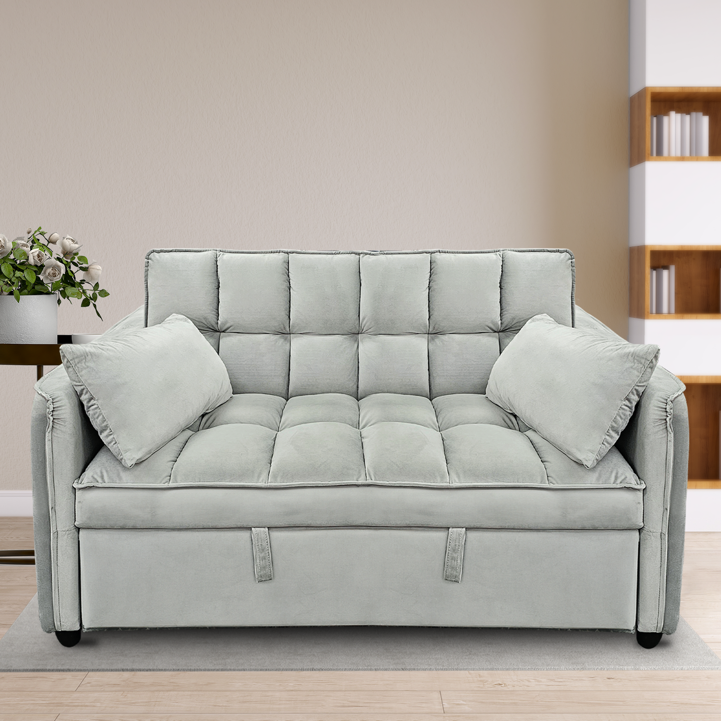 Sarantino Quincy 2-Seater Velvet Sofa Bed in Dark Grey with Wooden Frame and Tufted Design - Light Grey