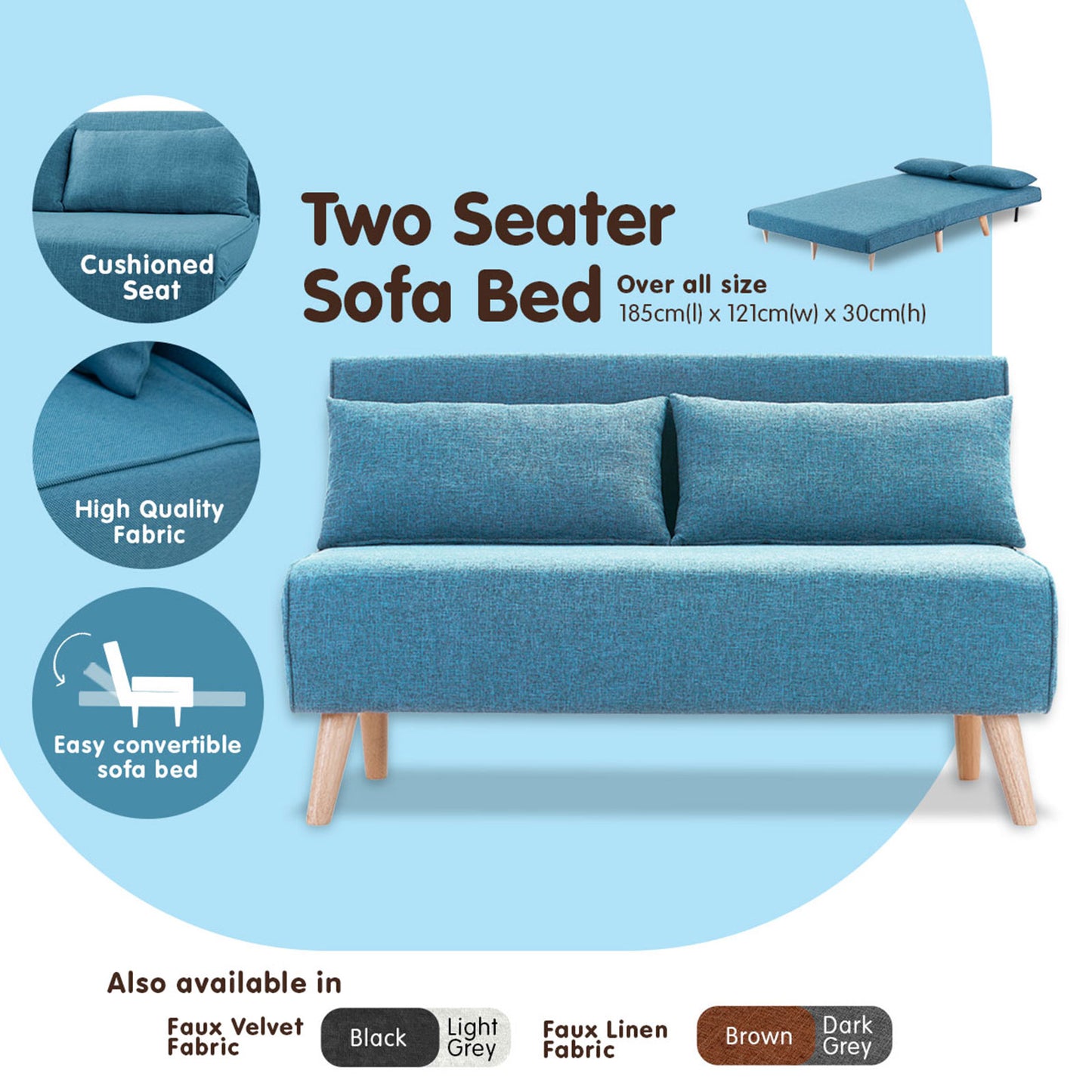 Sarantino Adjustable Corner Sofa 2-Seater Lounge Linen Bed Seat - Blue