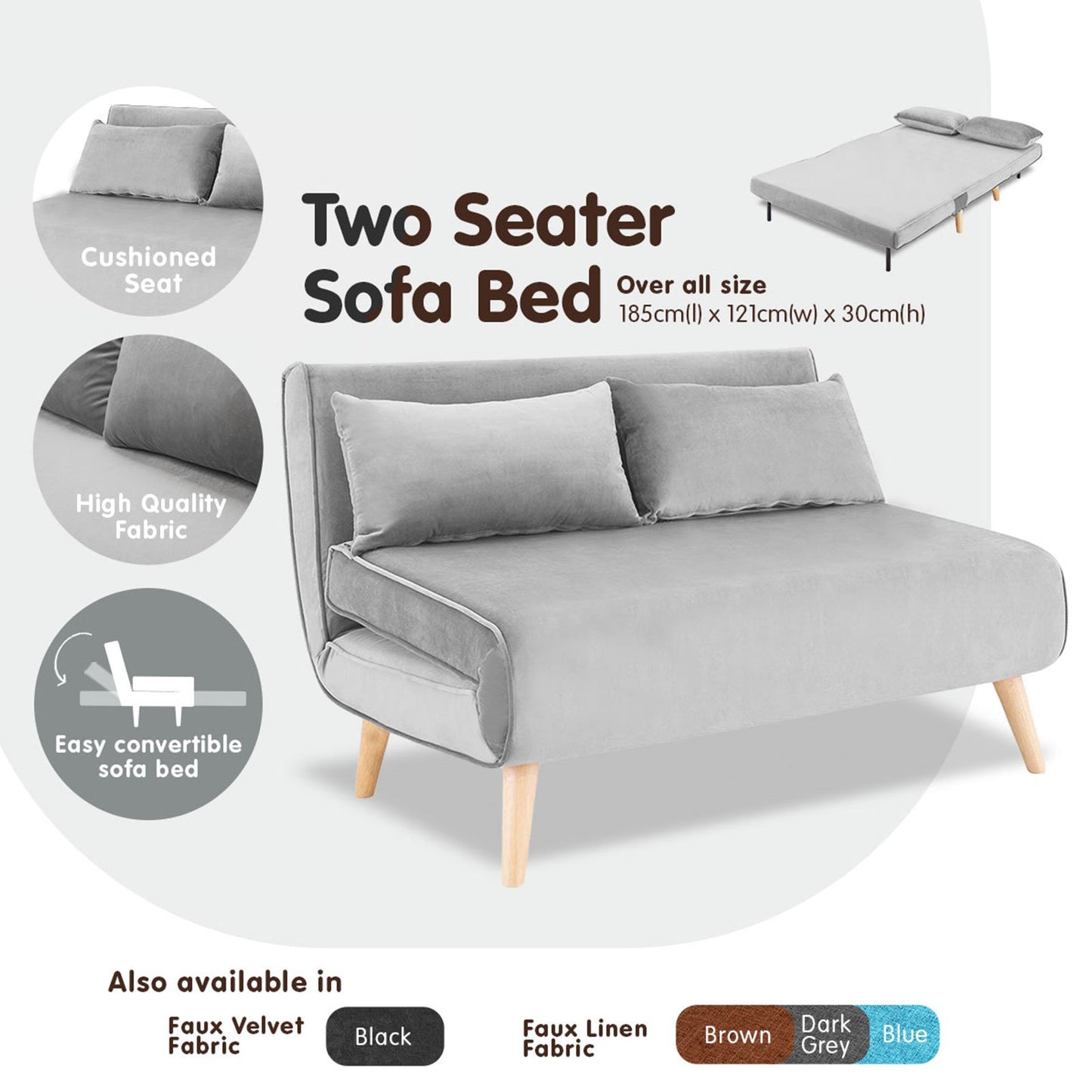 Sarantino 2-Seater Adjustable Sofa Bed Lounge Faux Velvet - Light Grey