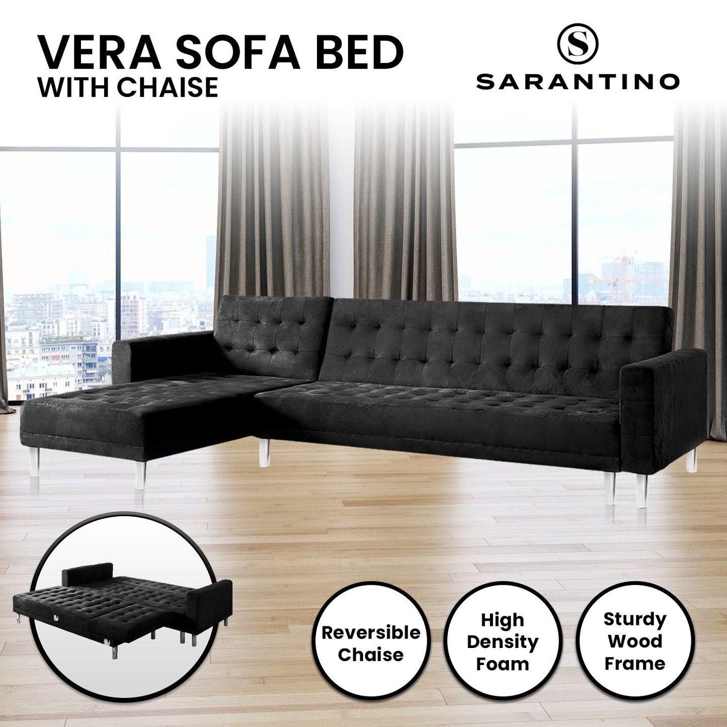 Sarantino Faux Velveteen Corner Wooden Sofa Bed Couch with Chaise Black