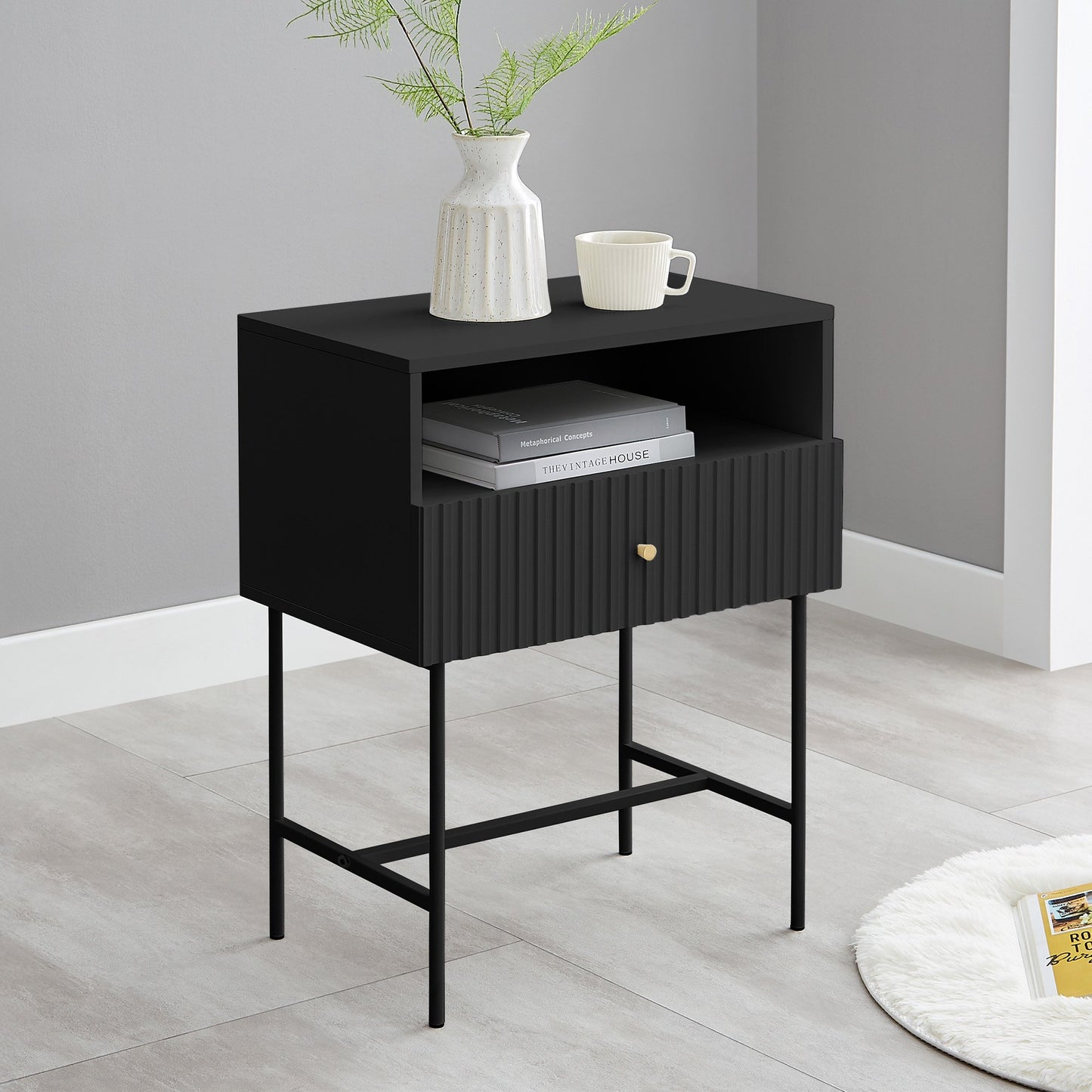 Sarantino Cecil Slender Fluted Bedside Table in Black