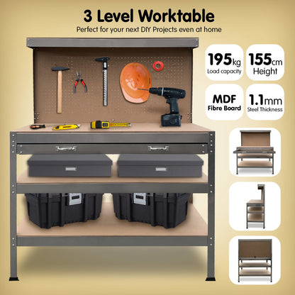 Kartrite 3-layered Work Bench Garage Storage Table Tool Shop Shelf Silver