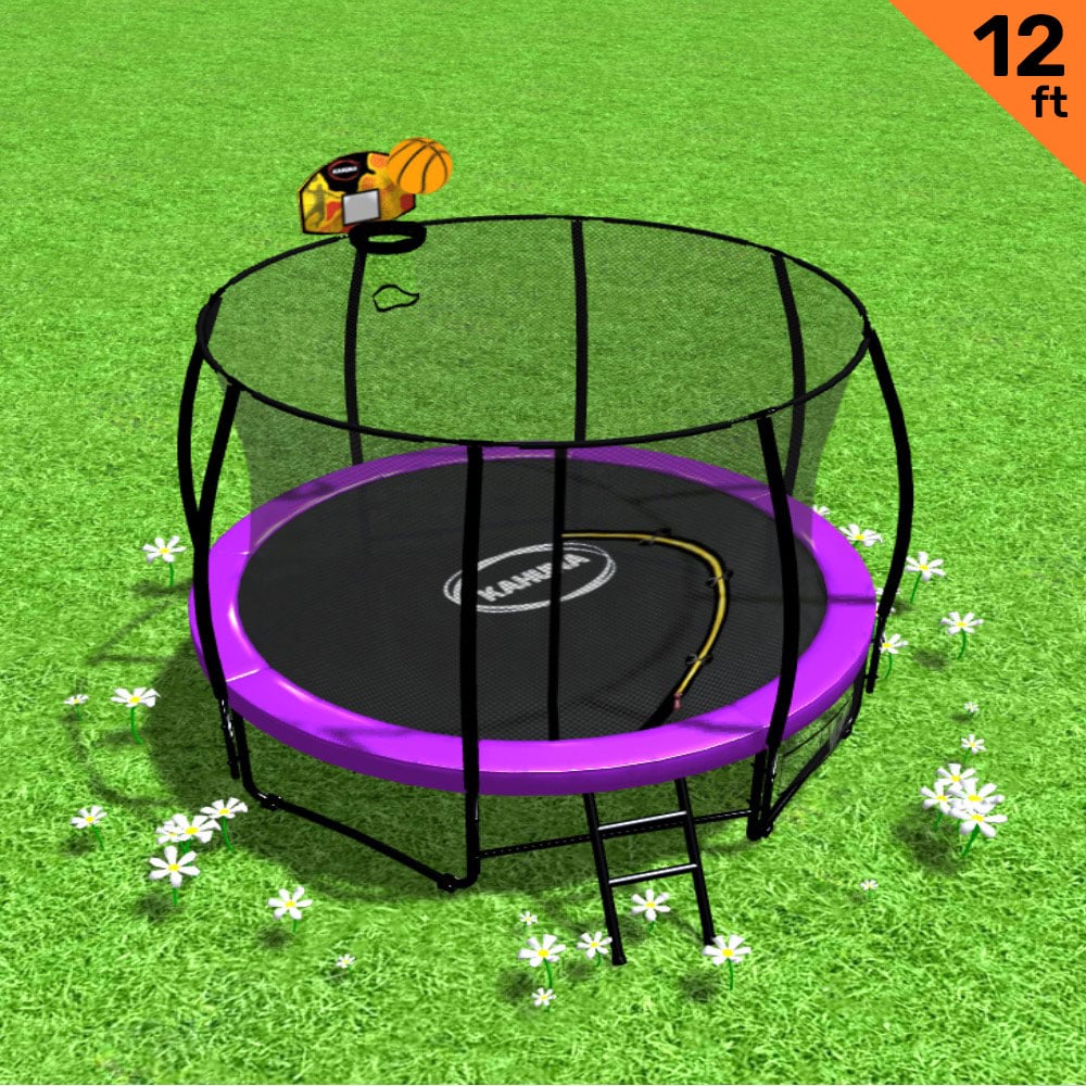 Kahuna 12ft Outdoor Trampoline Kids Children With Safety Enclosure Pad Mat Ladder Basketball Hoop Set - Purple