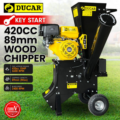 Ducar 89mm Key Electric Start Wood Chipper 420cc 15hp 4-stroke Engine Unleaded Petrol Garden Shredder Mulcher Grinder - 601c Black
