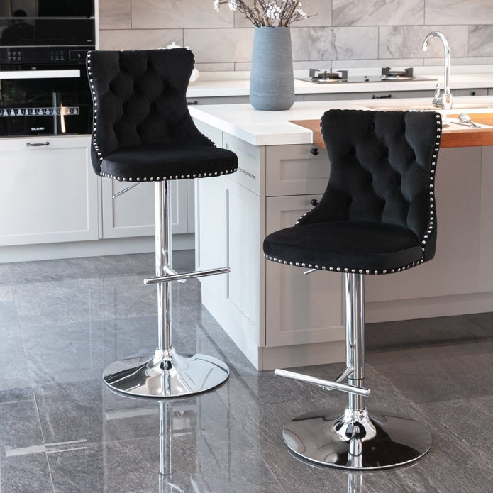 SERENITà Black Velvet Bar Stools Adjustable Swivel Counter Height Chairs with Tufted Back and Nailhead Trim for Kitchen Island Pub Restaurant (2Pcs, Chrome Metal)